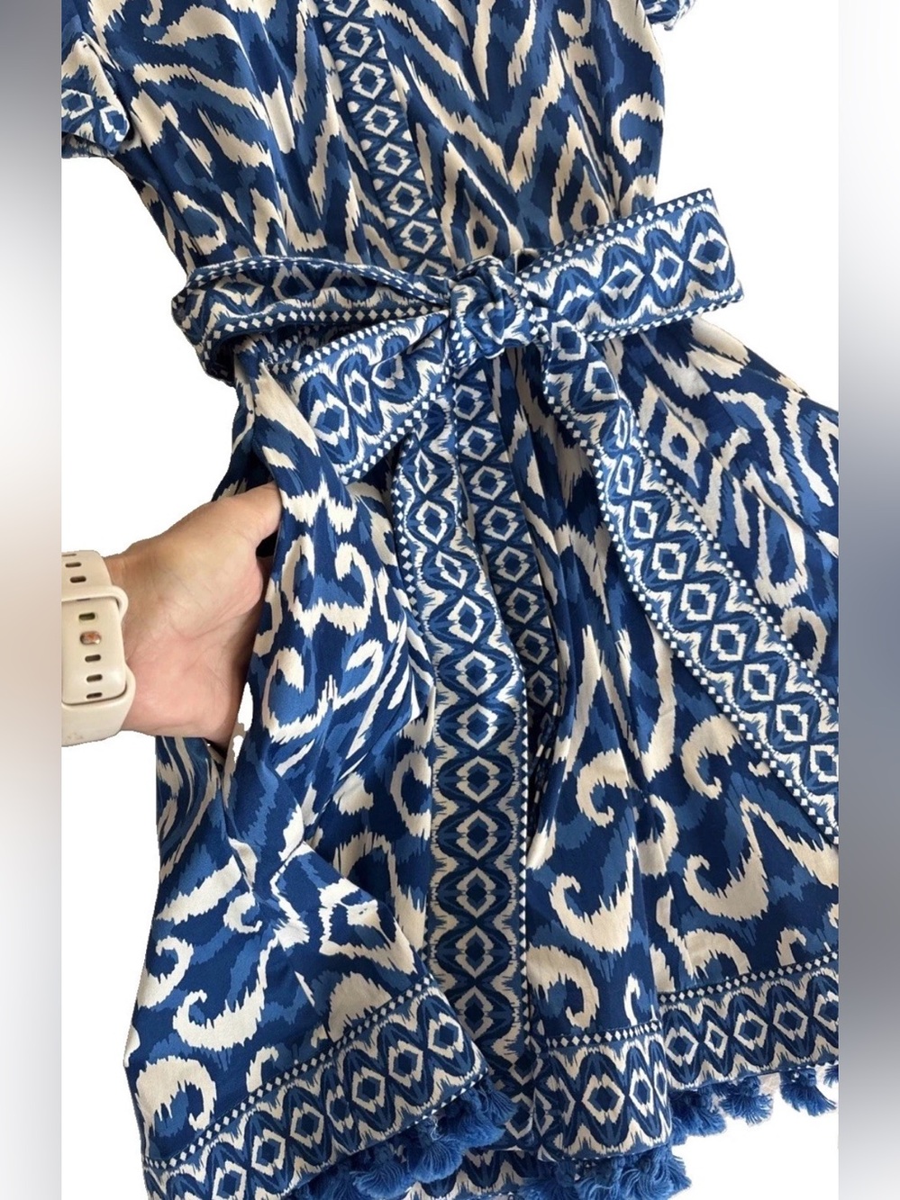 Alice + Olivia Rolled Sleeve Mini Shirt Dress Artisan Ikat French Blue Size 0 - Picture 15 of 16